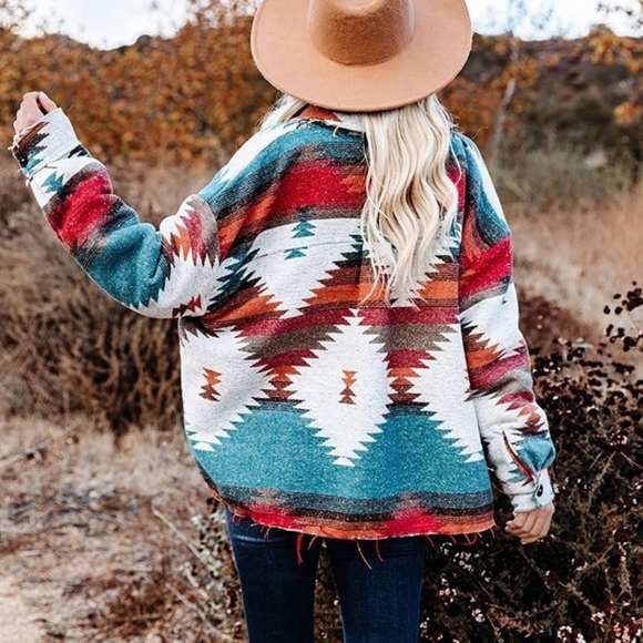 New Southwestern Distressed Jacket Coat Shacket Button Up Top Blue Red - Picture 6 of 11